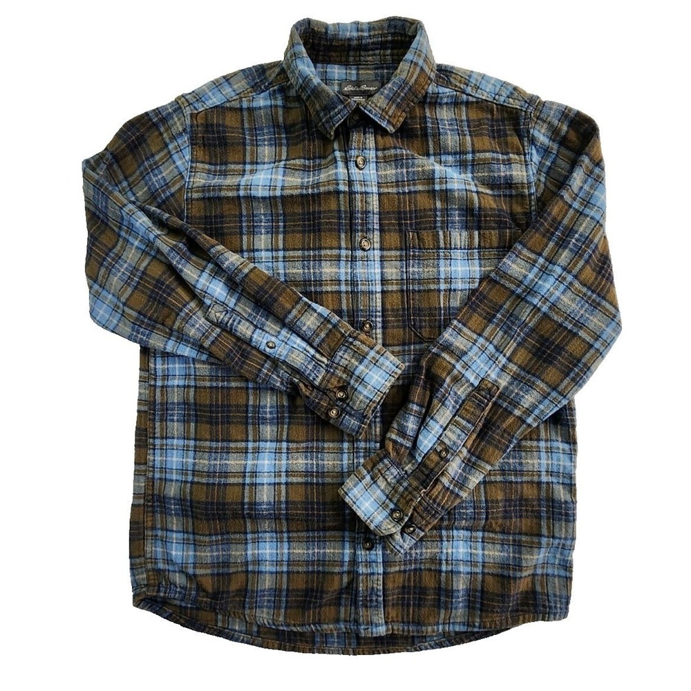 Eddie Bauer‎ Flannel Plaid Shirt Brown Blue Mens Small Long Sleeve Button Up
